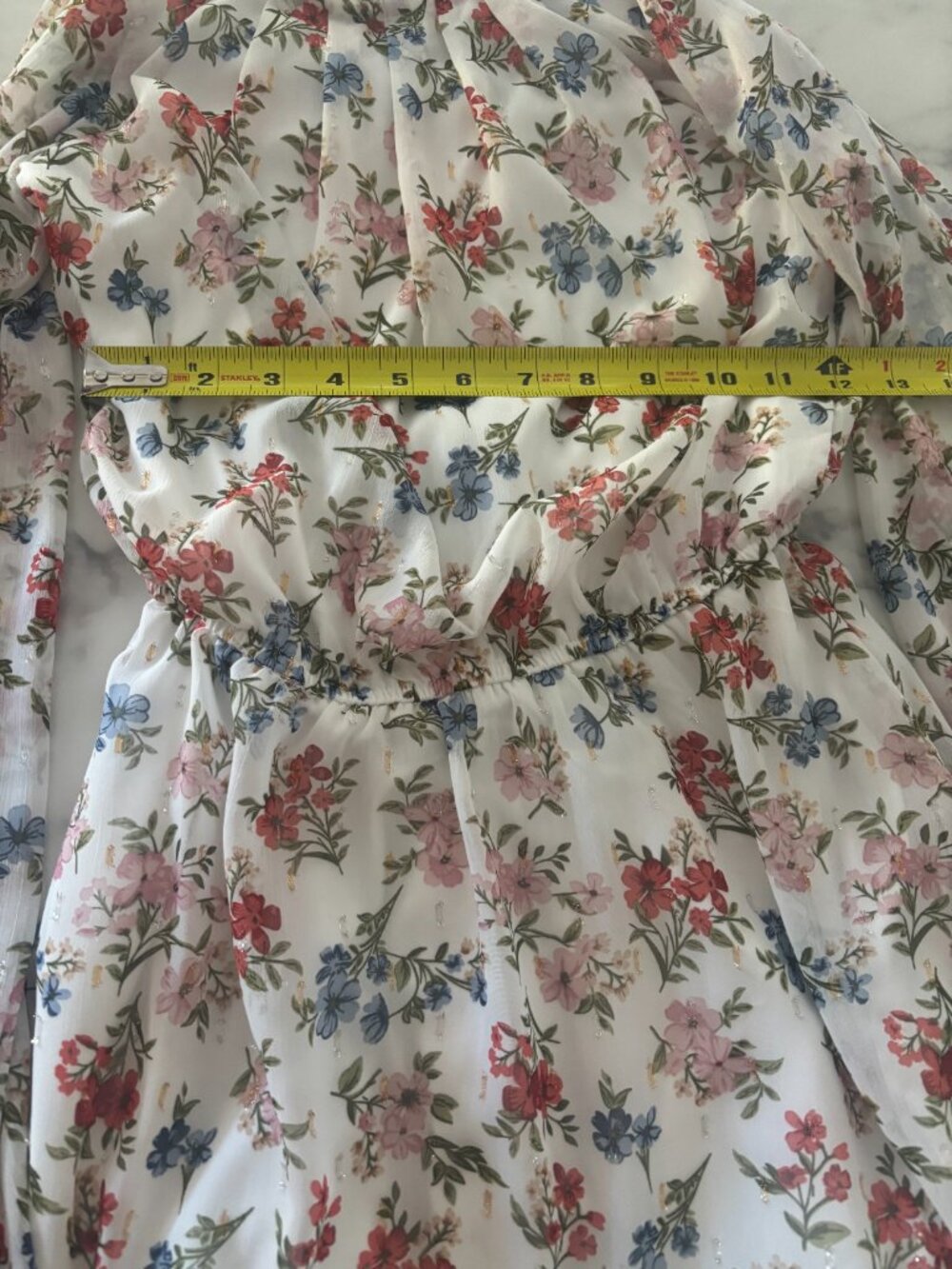 Blue Rain Floral Metallic Shimmer Chiffon Dress Size XXS White Pink Gold - Picture 3 of 7